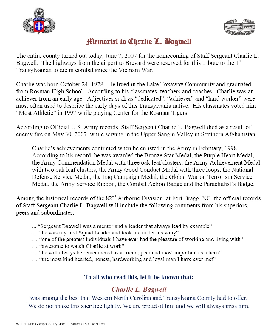 Memorial to Charlie L Bagwell