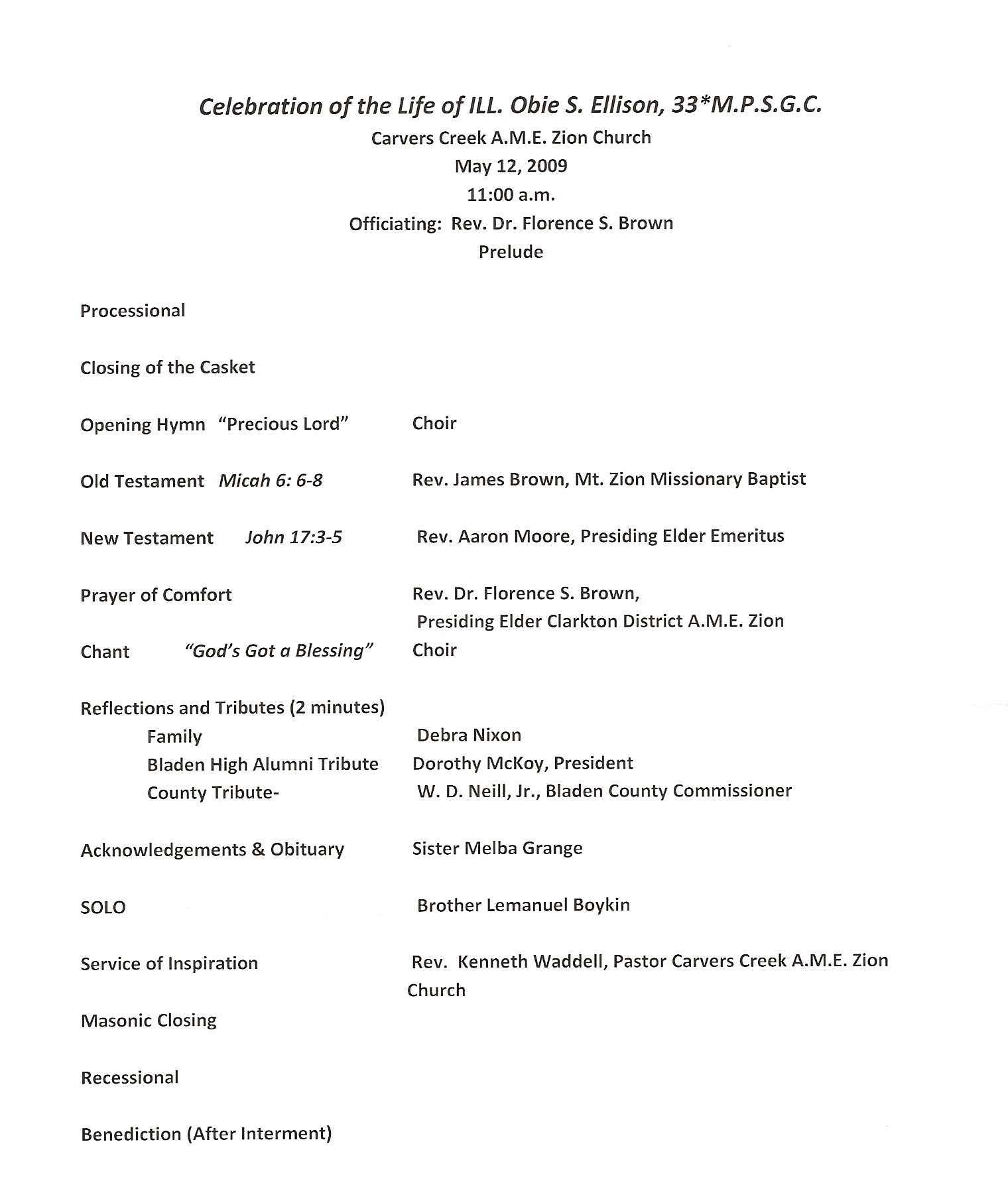 Obie Ellison Obit Program